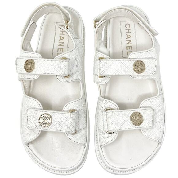 CHANEL Shoes - Chanel White Textured Leather Dad Flat Sandals 39.5‎